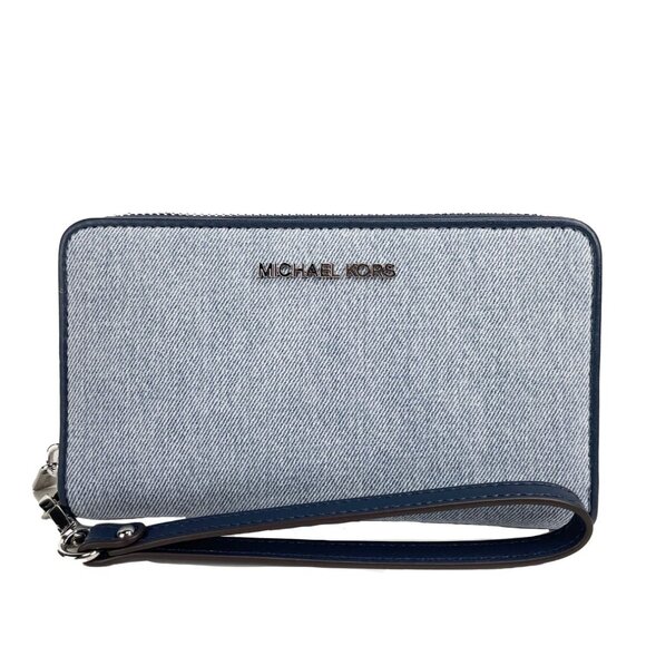 NEW Michael Kors Jet Set Travel Large Flat Phone Case Wallet Wristlet Denim NWT - Picture 1 of 4